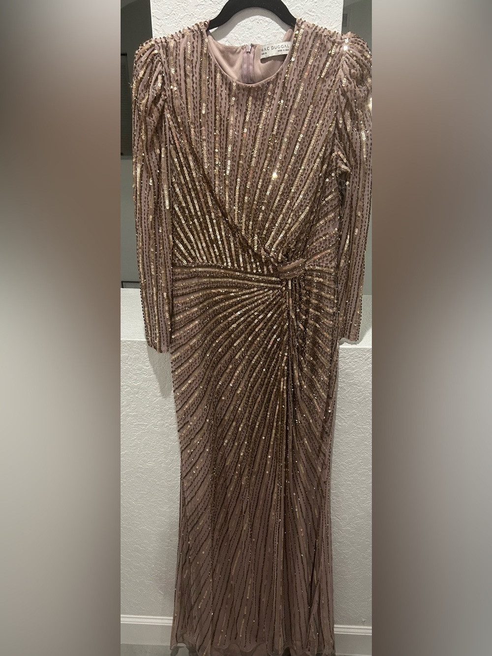 Mac Duggal Beaded Long Sleeve Evening Gown - mauve/ dusty rose